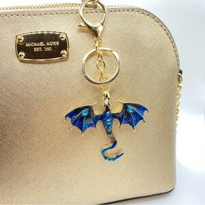 🐉 FLYING DRAGON Keychain Bag Charm Blue & Black Gold-Tone Hardware Rhinestones